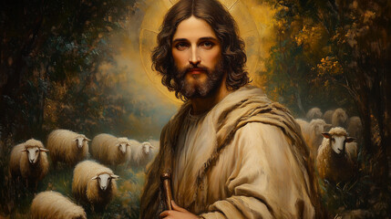 Obraz premium Radiant Portrait of Jesus Christ with Glowing Halo and Heavenly Light