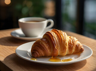 freshly baked croissant with butter and honey