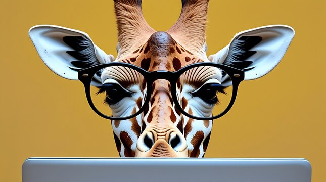 Funny giraffe with black glasses using a laptop on yellow background, humorous animal office concept representing remote work, digital lifestyle, creativity, education, and modern tech culture

