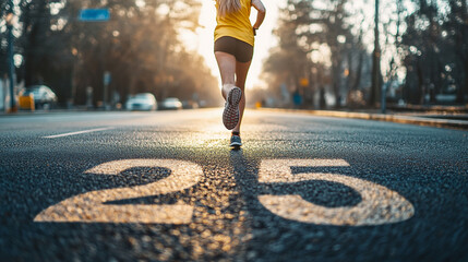 Woman running on a road with a large painted number twenty five during a sunny morning exercise session