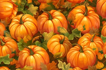 Seamless pattern of vibrant orange pumpkins and autumn leaves for Thanksgiving and Halloween