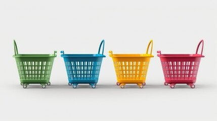 Colorful Shopping Baskets on Wheels Arranged in a Row Against isolated on White Background