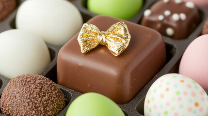 Luxurious chocolate gift set featuring colorful Easter chocolates, decorated with golden bow, perfect for celebrations