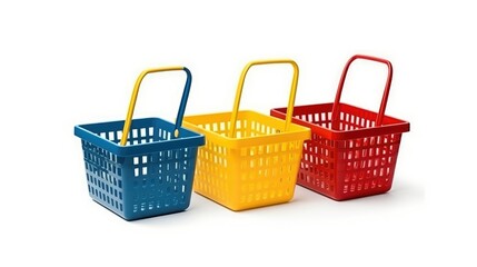 Colorful Shopping Baskets on Wheels Arranged in a Row Against isolated on White Background