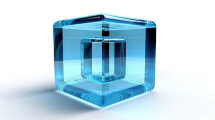 Transparent Blue Cube with Hollow Geometric Design on Reflective Surface isolated on white background
