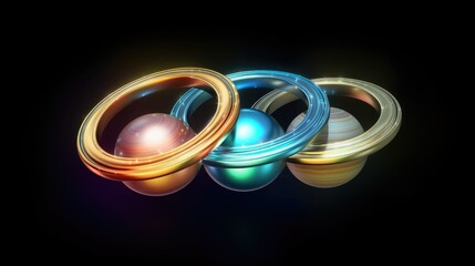 Vibrant Celestial Trio of Planets with Rings Against Black Background