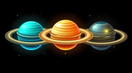 Vibrant Celestial Trio of Planets with Rings Against Black Background