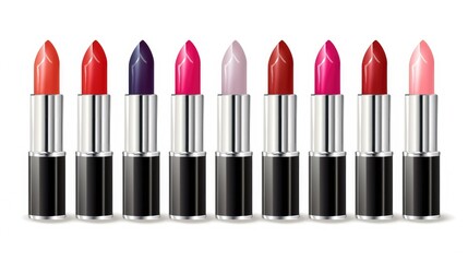 Lineup of Lipsticks Showcasing Diverse Shades from Bold Red to Deep Purple on a white Background