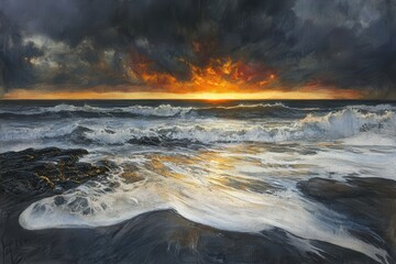 Obraz premium Dramatic Ocean Sunset Fiery Sky with Crashing Waves.