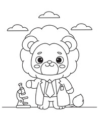 Coloring book lion scientist wearing a lab coat and tie, standing next to a microscope, under a cloudy sky
