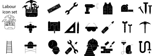 Fototapeta premium Labour Day flat icon set featuring construction tools, industrial equipment, safety gear, repair symbols, worker protection, and engineering tools with transparent background