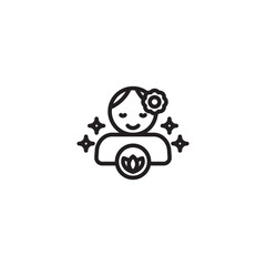 A smiling person with a flower in their hair holds a lotus symbol, surrounded by sparkling elements. Represents well-being, beauty, or natural care.