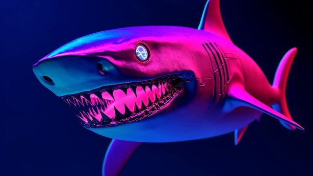 Futuristic cyber shark with neon lights and geometric patterns in a dark ocean theme