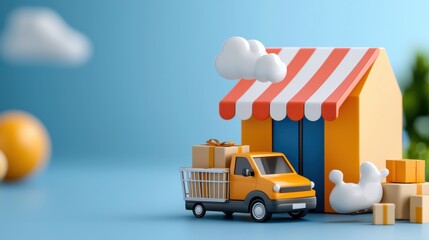 Conceptual of a bright orange delivery van or truck transporting parcels and packages on a vibrant background with a cloudy sky and natural elements  Represents online shopping e commerce
