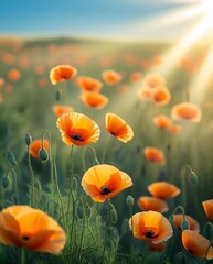 Obraz premium Field of blooming orange poppies bathed in golden sunlight under a clear blue sky, symbolizing warmth, peace, springtime, natural beauty, and the serenity of a sunlit morning landscape.