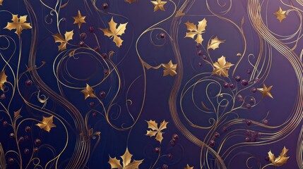 Golden leaves & vines on purple background