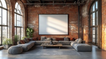 Interior view of a luxurious living room with brick wall