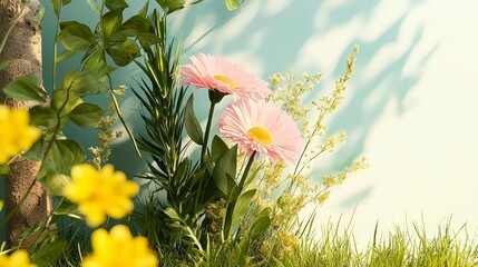 Two Pink Gerbera Daisies Blooming in a Lush Green Garden Beautiful Spring Flowers in Sunlight