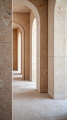 Fototapeta premium A series of elegant arches in a minimalist stone corridor, showcasing clean lines and a soft, neutral color palette.