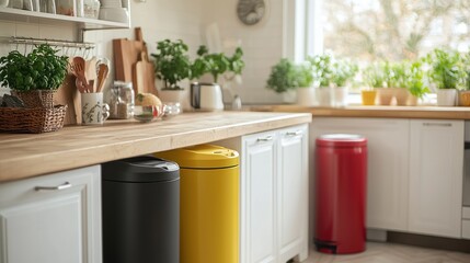 Fototapeta premium A kitchen scene with a compost bin, recycling bin, and regular trash can side by side.