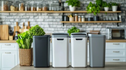 A kitchen scene with a compost bin, recycling bin, and regular trash can side by side.