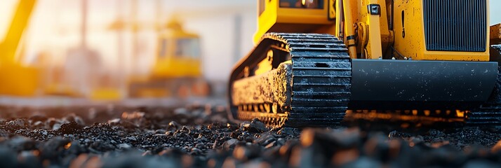 A close-up view of a construction vehicle's track on gravel, capturing the machinery's details against a softly blurred background.
