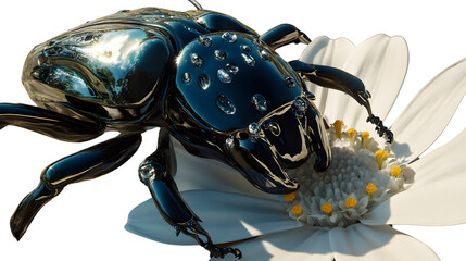 Shiny black beetle on a white flower