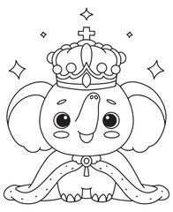Coloring book elephant king wearing a crown and cape, surrounded by sparkles