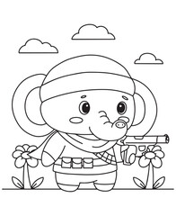 Coloring book elephant mercenary wearing a bandana and tactical gear, holding a pistol, standing between flowers under a cloudy sky