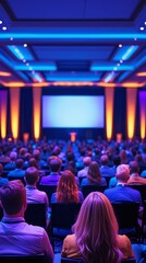 Large audience seated in a modern cinema or conference hall watching a brightly lit screen under glowing purple and blue lights, capturing entertainment, tech events, or film screenings.

