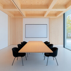 modern conference room featuring long wooden table and black chairs, with minimalist design and natural light