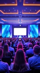 Large audience seated in a modern cinema or conference hall watching a brightly lit screen under glowing purple and blue lights, capturing entertainment, tech events, or film screenings.


