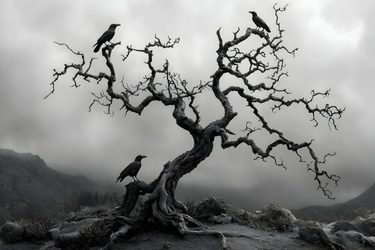 Three Crows on a Barren Tree in a Misty Mountain Landscape
