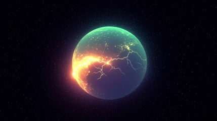 Obraz premium Futuristic planet with glowing energy cracks and city lights at night in space