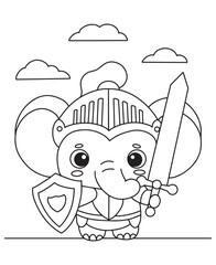 Coloring book elephant knight wearing armor and a helmet, holding a sword and shield, under a cloudy sky