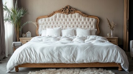 A luxurious king-sized bed with white linens and fluffy pillows in a cozy bedroom.