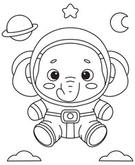 Coloring book elephant astronaut wearing a spacesuit, surrounded by a planet, star, moon, and clouds. Fun line art for coloring