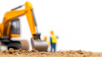Obraz premium A construction scene featuring a yellow excavator in the background, with workers visible, showcasing a focus on earth moving and site preparation.
