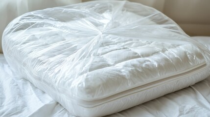 Obraz premium A mattress pad being packed in a zippered storage bag.