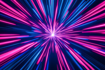 Obraz premium Neon Lightspeed Burst: A vibrant abstract artwork showcasing streaks of pink and blue light converging towards a central point, creating a dynamic and energetic composition.