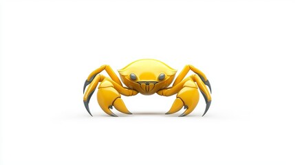 Fototapeta premium A bright yellow crab with black-tipped claws is positioned in the center of a white background.