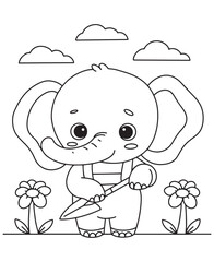 Coloring book elephant gardener holding a shovel, standing between flowers under a cloudy sky