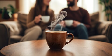 Cozy coffee moment shared by a couple in a warm indoor setting, with a steaming mug in focus on a wooden table, representing comfort, conversation, and relaxing home atmosphere.

