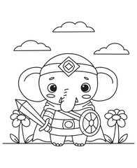 Coloring book elephant warrior wearing armor and a cape, holding a sword and shield, standing between flowers under a cloudy sky