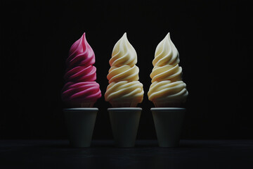 Three swirls of frozen delight, pink, yellow, and vanilla, stand tall against a dark backdrop, a minimalist study in sweet contrasts.