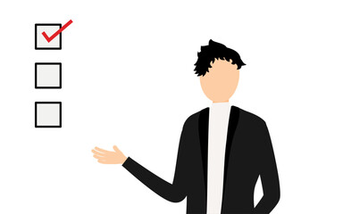 黒いジャケットを着た男性がチェックリストを示して話しているシンプルなイラスト