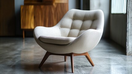 A mid-century modern lounge chair with wooden legs, in a minimalist studio.