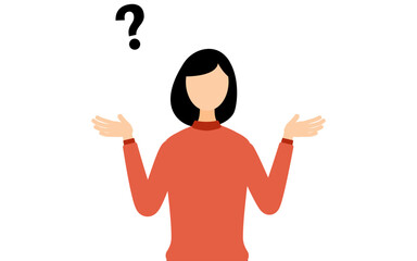 赤いタートルネックを着た女性が疑問を持つシンプルなイラスト