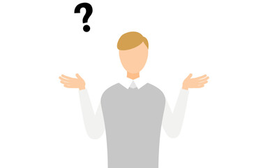 グレーのベストを着た男性が疑問を持つシンプルなイラスト