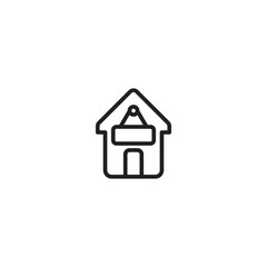 A house outline with a blank sign hanging from the roof. Represents a house for sale/rent, property listing, or a business location.